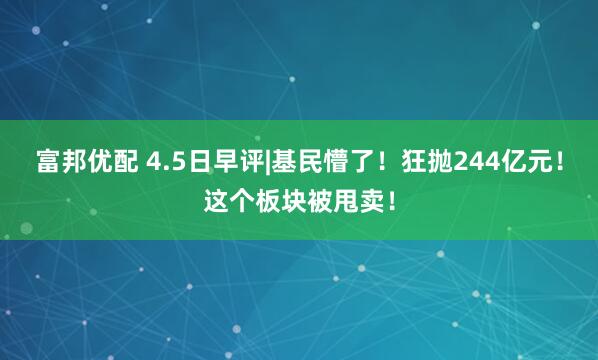 富邦优配 4.5日早评|基民懵了！狂抛244亿元！这个板块被甩卖！